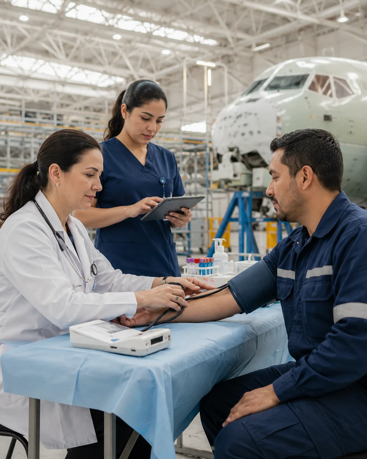 Campaña de salud ocupacional con unidad móvil de DH&S en planta aeroespacial