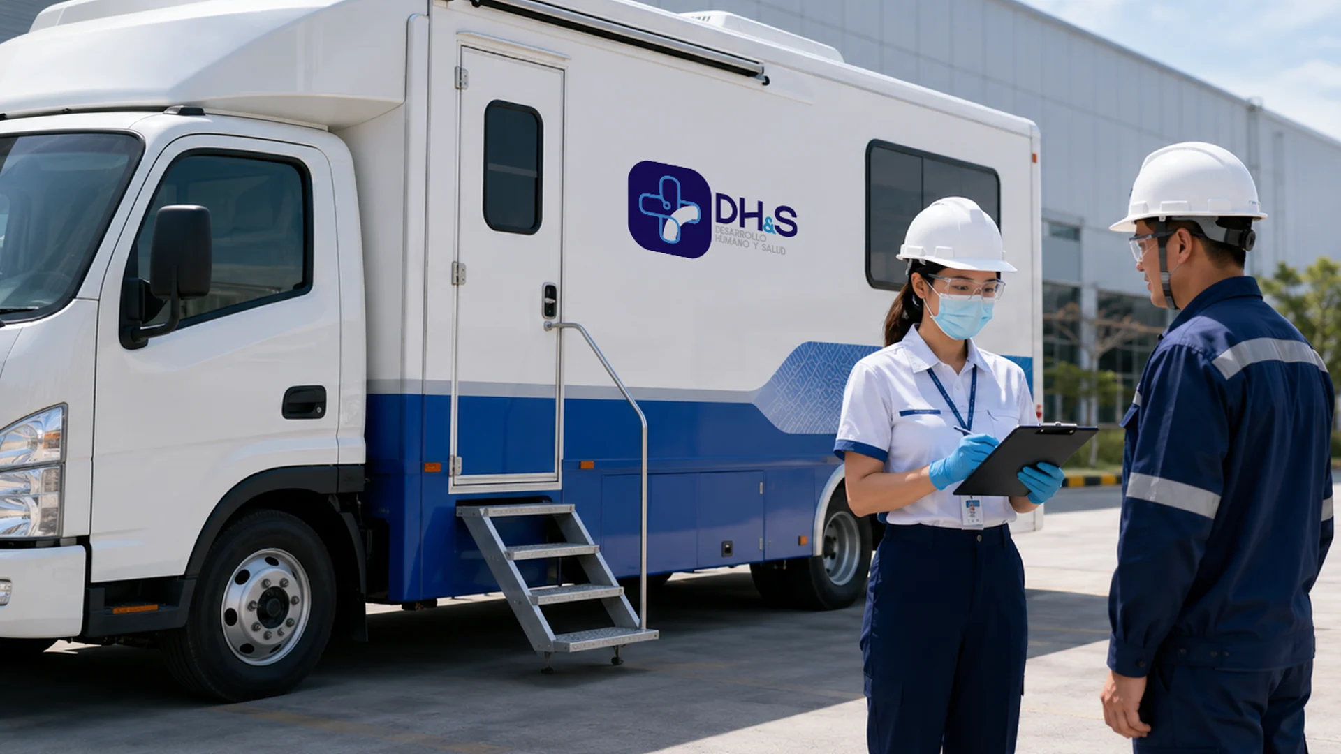 Unidad móvil DH&S y personal médico en sitio industrial