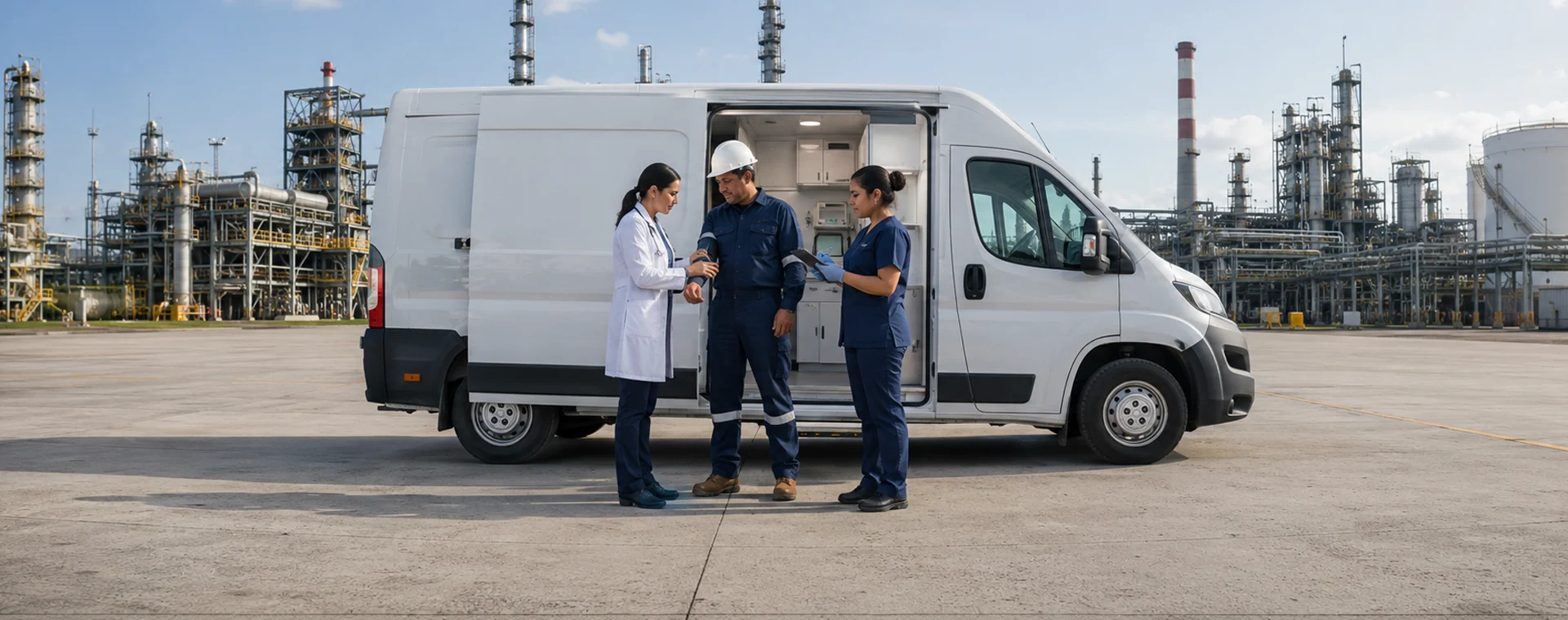 Campaña de salud ocupacional con unidad móvil de DH&S dentro de una planta