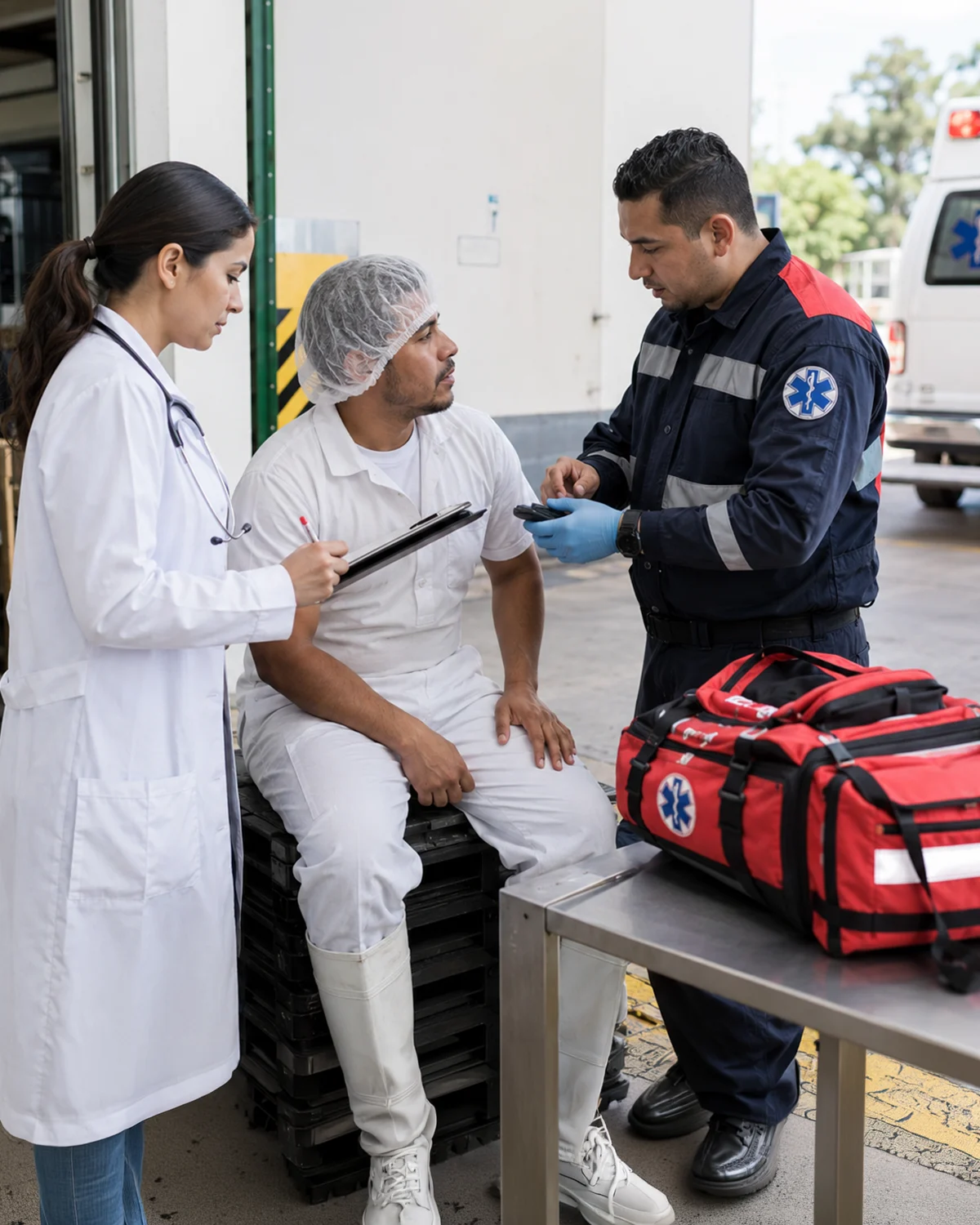 Ambulancia y personal certificado de DH&S en planta de alimentos