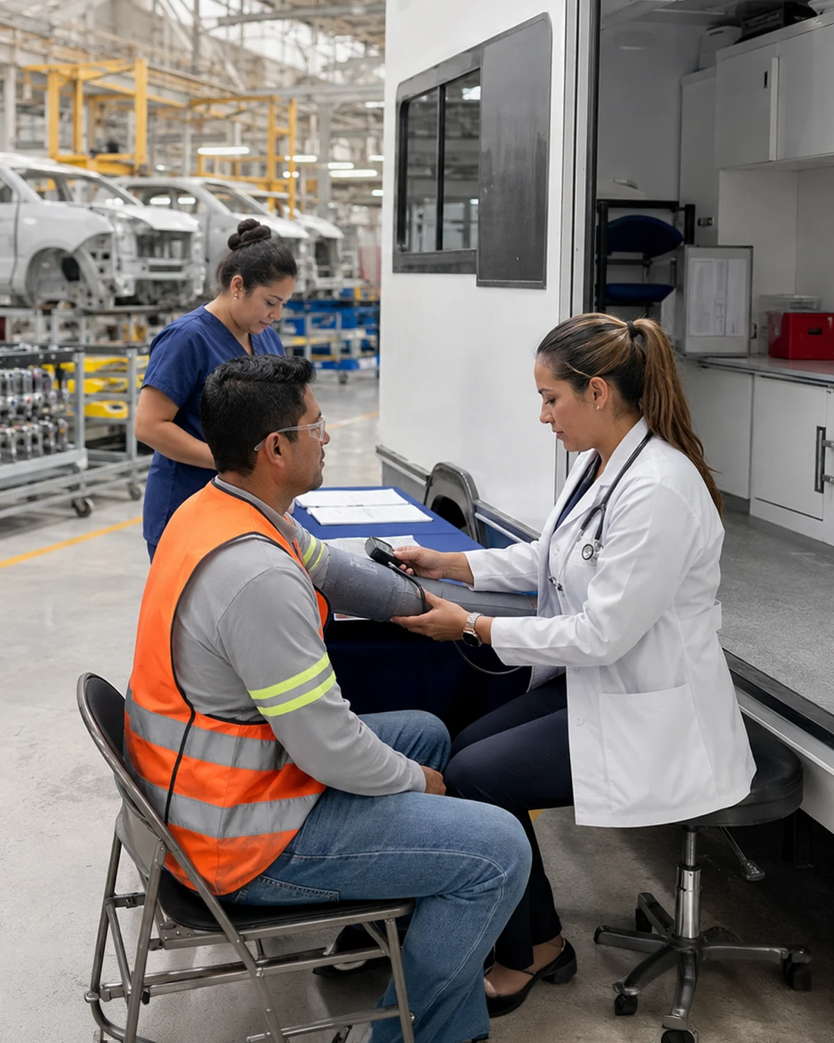 Campaña de salud ocupacional con unidad móvil de DH&S dentro de una planta automotriz