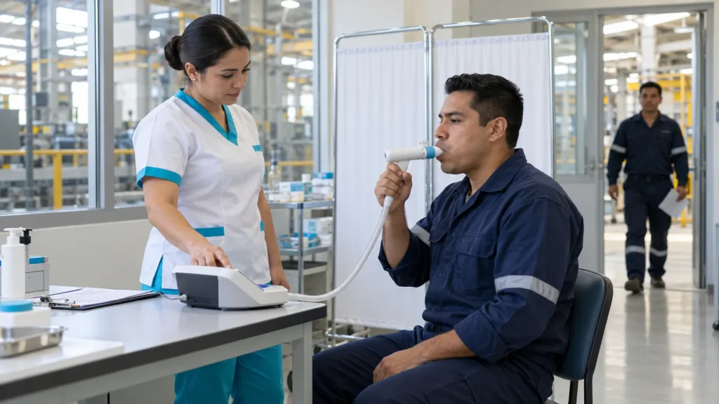 Enfermera realiza una espirometría a un trabajador en un área clínica dentro de una planta industrial