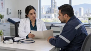 Médica ocupacional y trabajador industrial revisando un expediente durante una evaluación médica de ingreso.