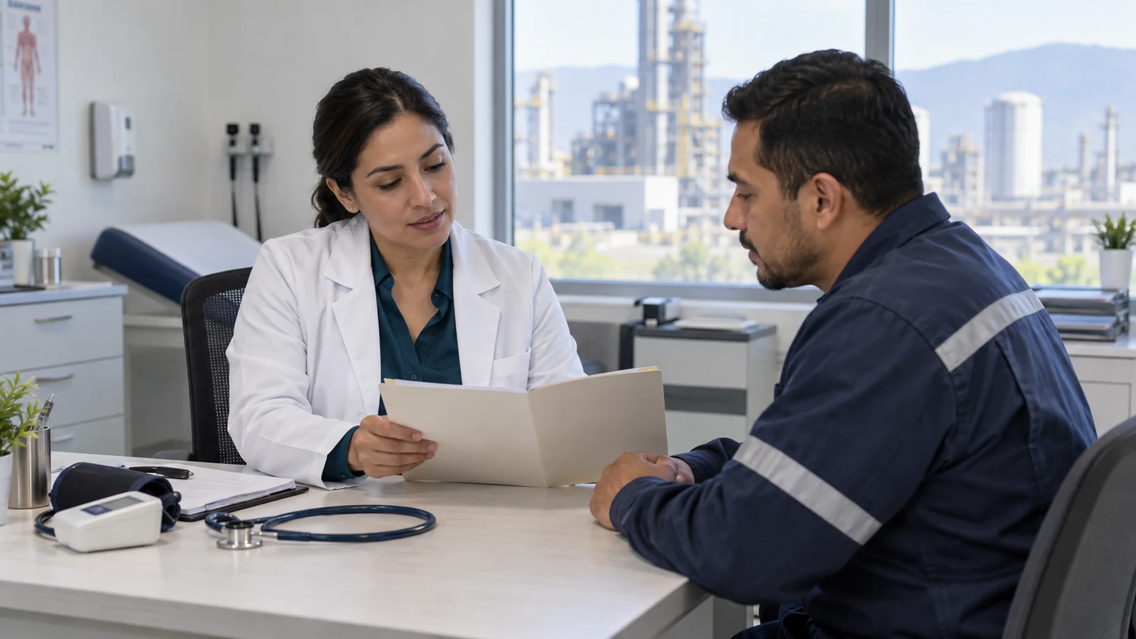 Médica ocupacional y trabajador industrial revisando un expediente durante una evaluación médica de ingreso.