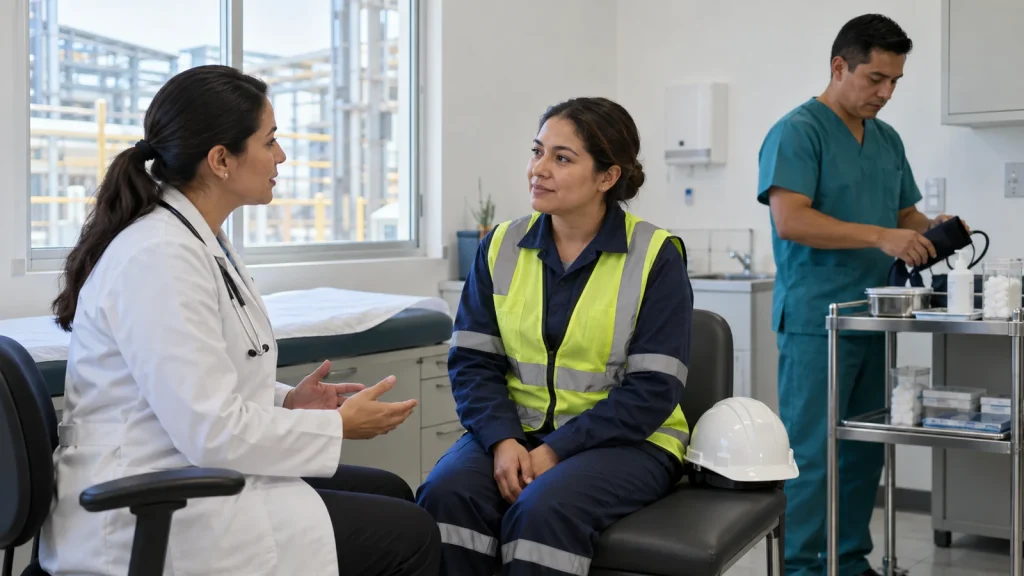 Médica conversa con una trabajadora en el consultorio de una planta mientras un enfermero prepara equipo de atención.