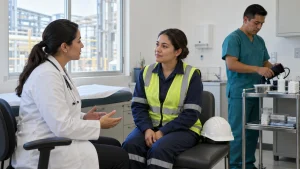 Médica conversa con una trabajadora en el consultorio de una planta mientras un enfermero prepara equipo de atención.