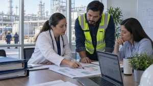 Médica ocupacional, responsable de seguridad y encargada de Recursos Humanos revisan un programa anual de salud en una planta industrial.