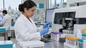 Especialista de laboratorio clínico con guantes y gafas revisando una muestra junto a un analizador