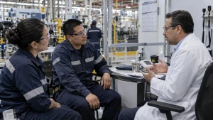 Médico ocupacional conversa con dos trabajadores junto a una estación de evaluación en una planta de componentes automotrices.
